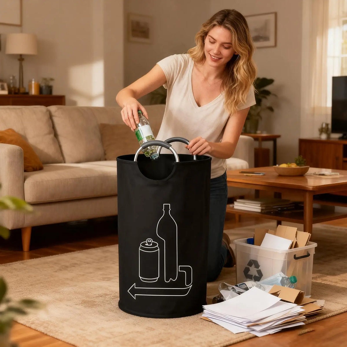 sac poubelle recyclage pliable 115L noir graphique bouteilles canettes moderne minimaliste poignées métalliques capacité