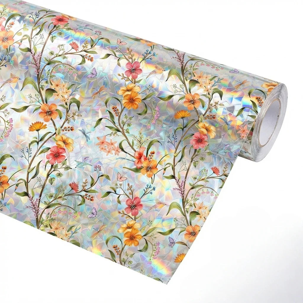 film décoratif multicolore fleurs papillons protection uv isolation thermique semi transparent moderne accroissement statique