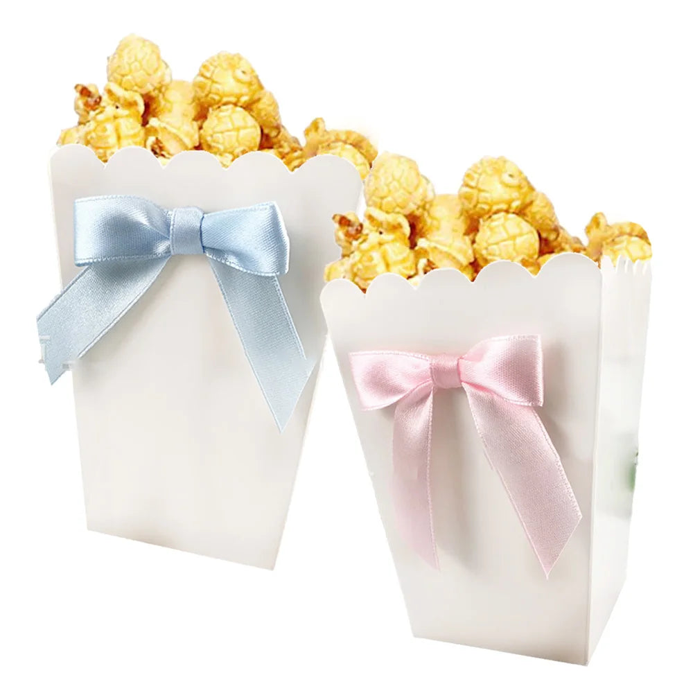 boîtes pop corn blanc rubans colorés classiques révélation sexe décoration fête anniversaire enfants filles