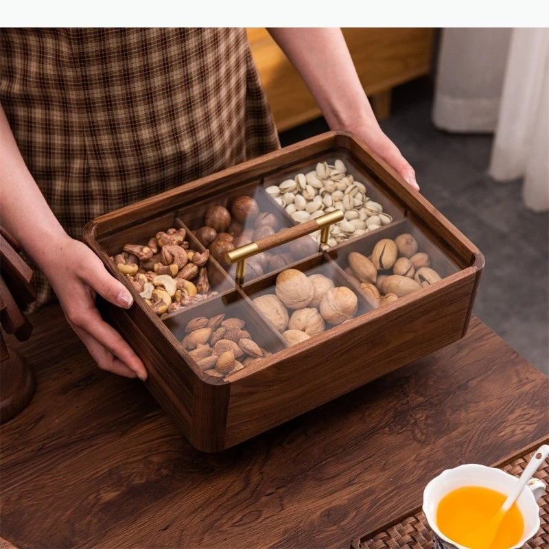 boîte compartiments bois marron noix réutilisable moderne transparent poignée dorée minimaliste