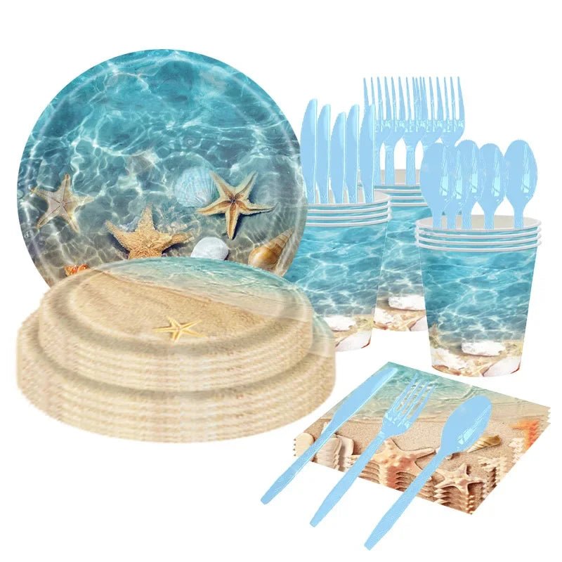 assiettes jetables coquillages étoiles mer verres serviettes fourchette couteaux plage anniversaire thème marin festifs