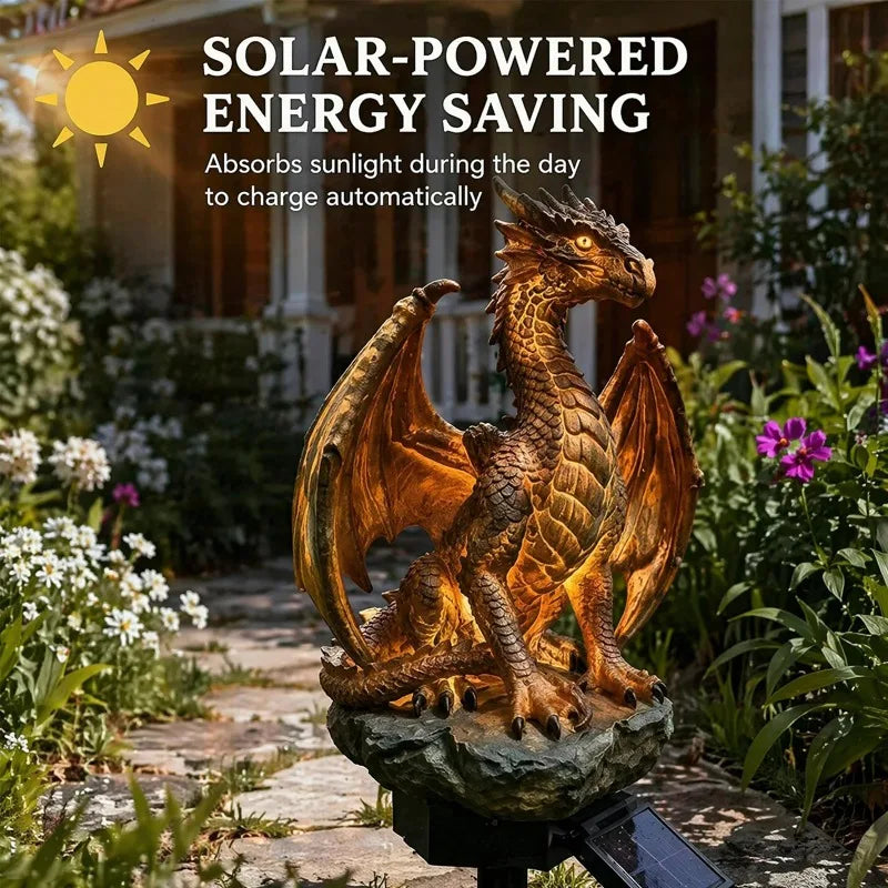 statue dragon solaire extérieur or noir jaune marron écailles ailes lumière led base roche