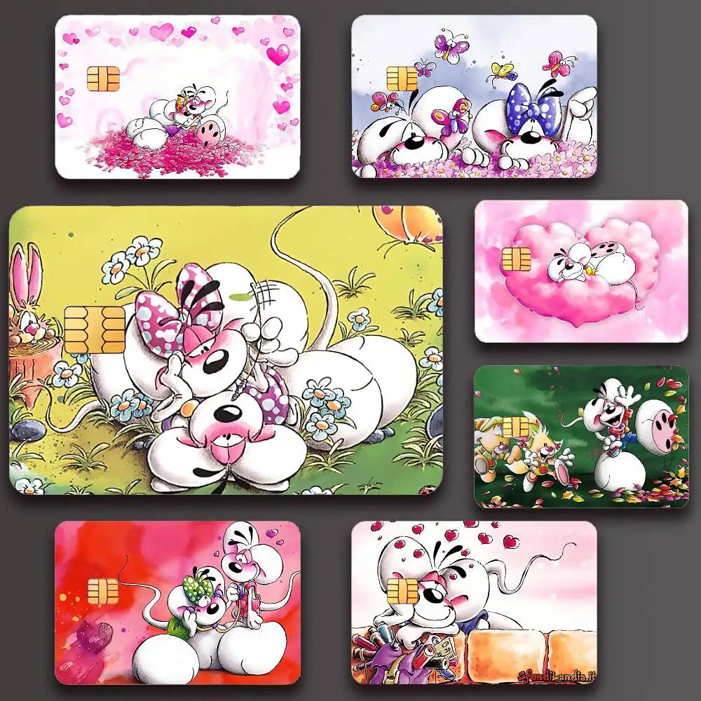 cartes bancaires personnalisées dessin animé souris coeurs papillons fleurs blanc rose vert jaune