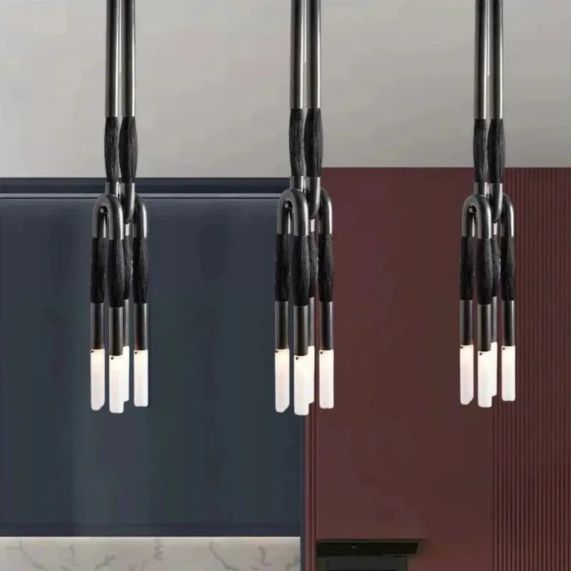 lampe suspension moderne verre bois structure métal noir salon chambre