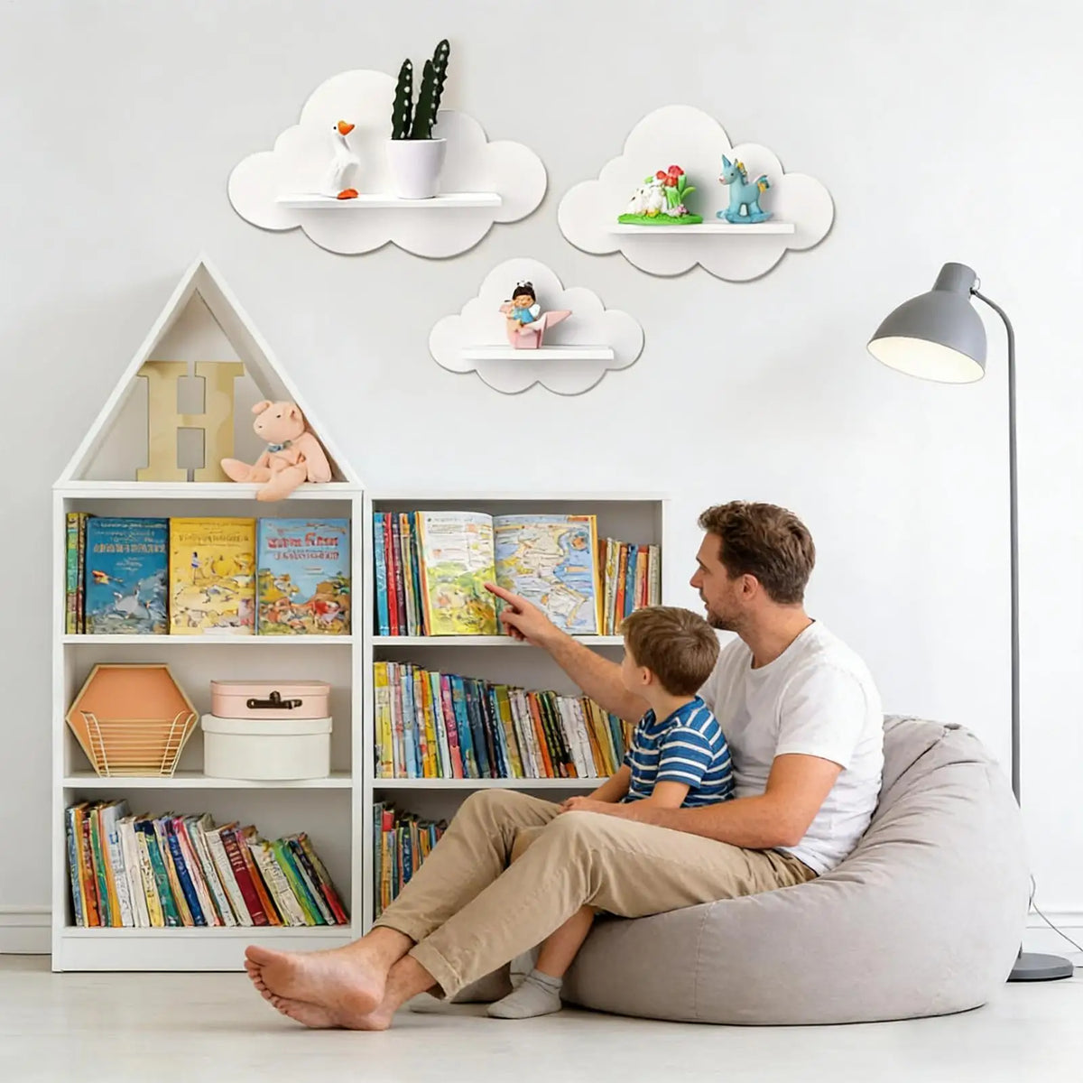 étagères murales nuages blanches modernes adhésives salon bibliothèque rangement petits objets