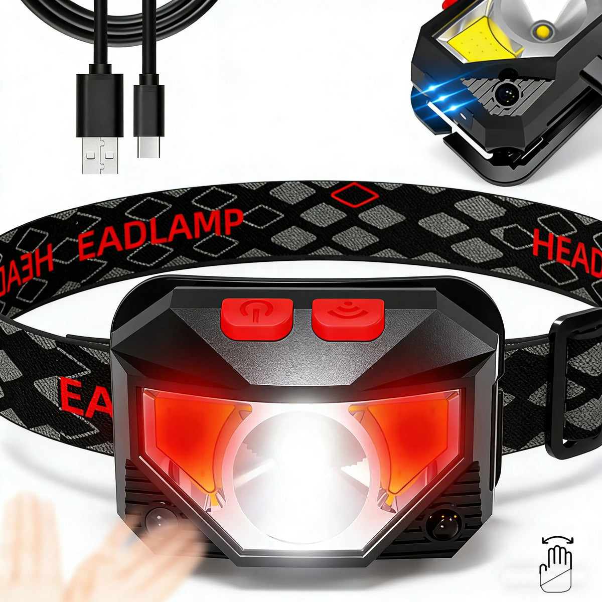 lampe frontale led rechargeable étanche camping chasse pêche travail noir rouge contrôle usb