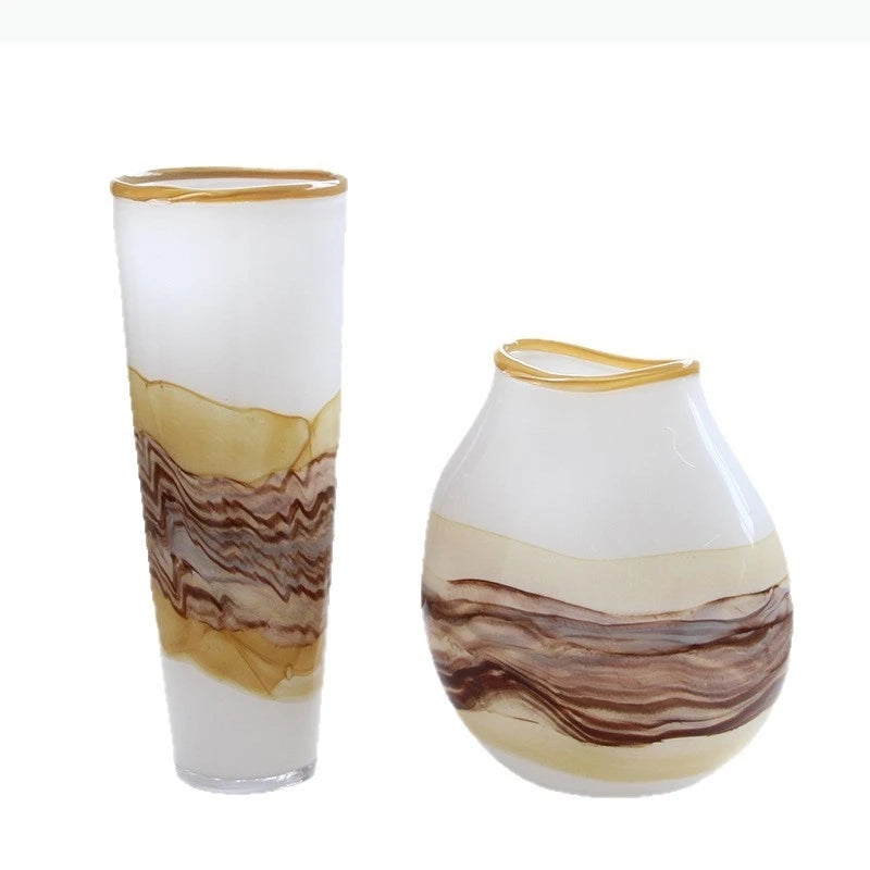 vase verre ondulé moderne motifs naturels couleurs blanc marron jaune rouge