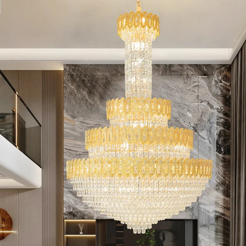 lustre doré cristal transparent classique suspension chaîne ajustable grande taille salon chambre moderne led