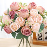 bouquet artificiel soie pivoine rose violet blanc décoration intérieure classique rustique vase transparent