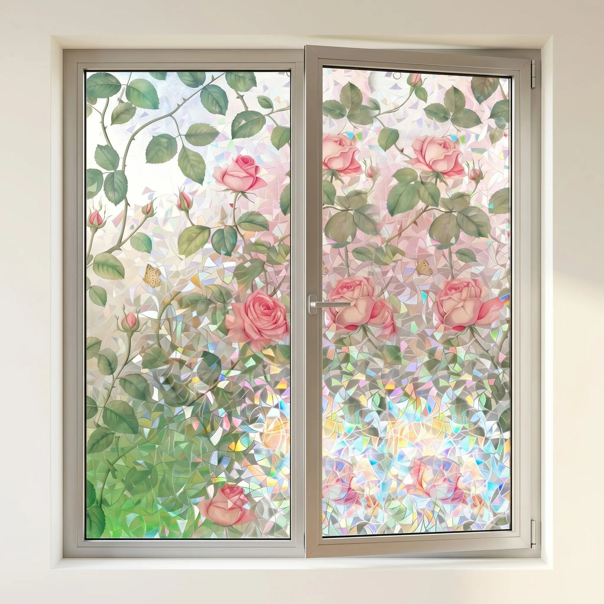 film fenêtre adhésif floral vert rose moderne protection uv isolation thermique décoration maison chambre