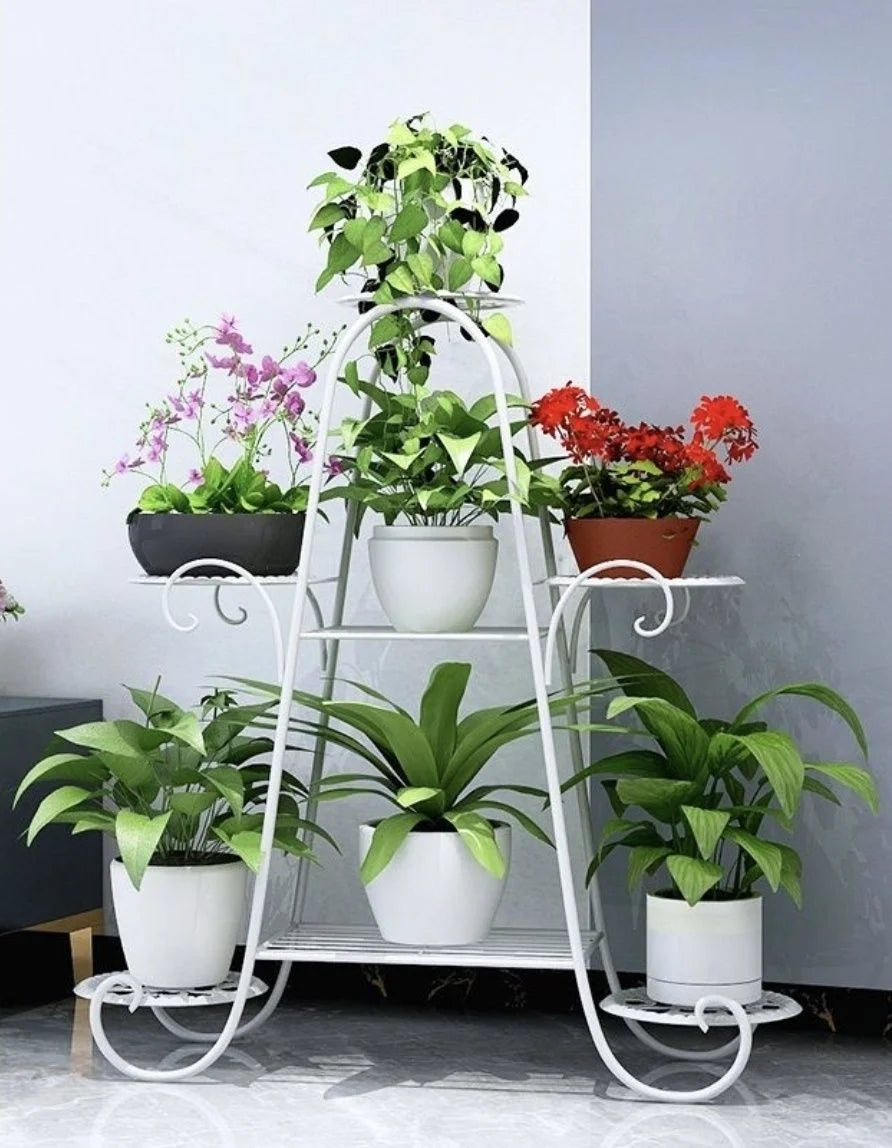 étagère plante métal structure florale courbe élégant pots blancs noirs fixations visuelles