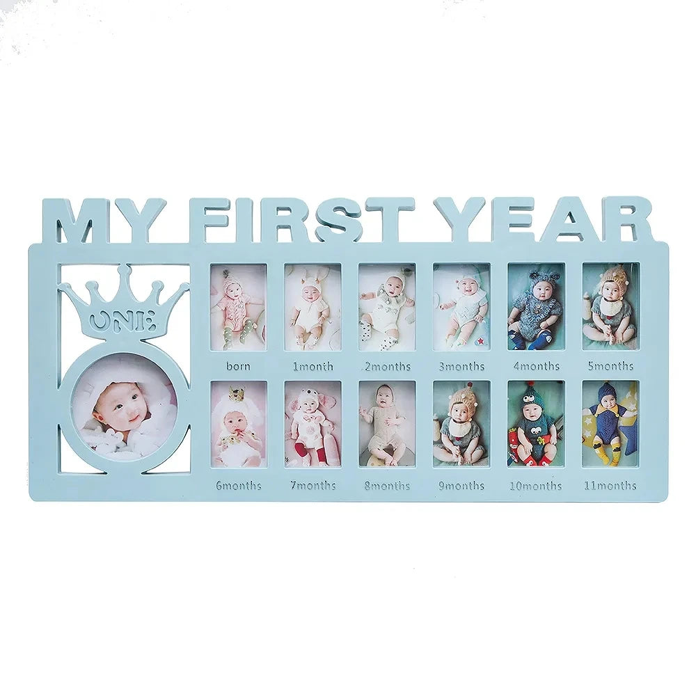 cadre photo my first year bébé blanc rose bleu lettres relief couronne moderne multiphotos