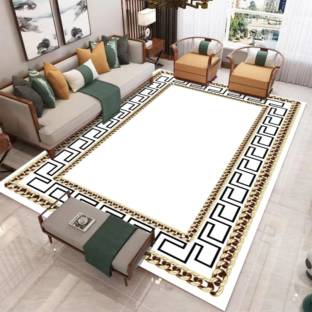 tapis salon moderne noir blanc motif géométrique doré luxe décoration maison chambre élégant