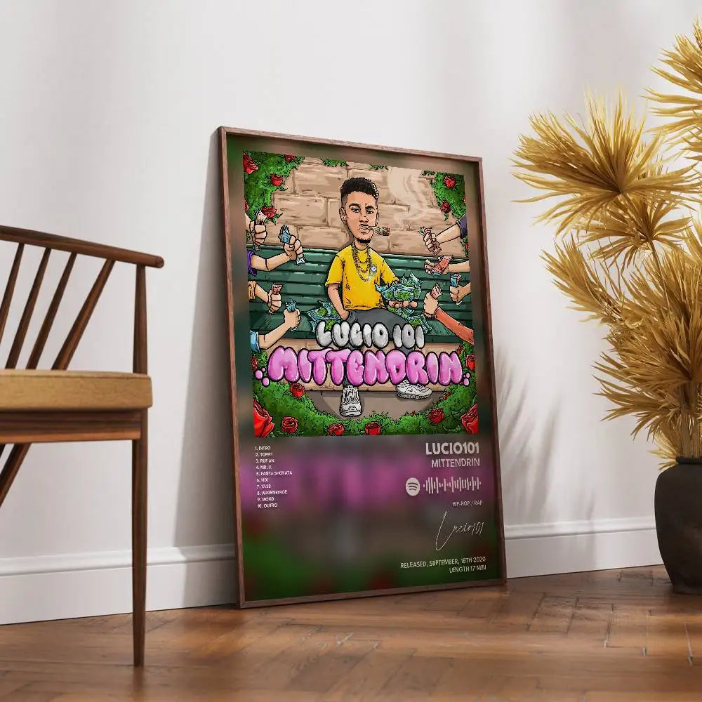 affiche autoadhésive papier moderne personnages mains objets textes stylisés couleurs vives verte rose jaune