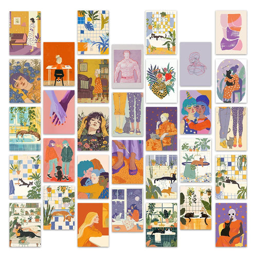 cartes postales multicolores illustrations modernes personnages animaux plantes géométriques carte