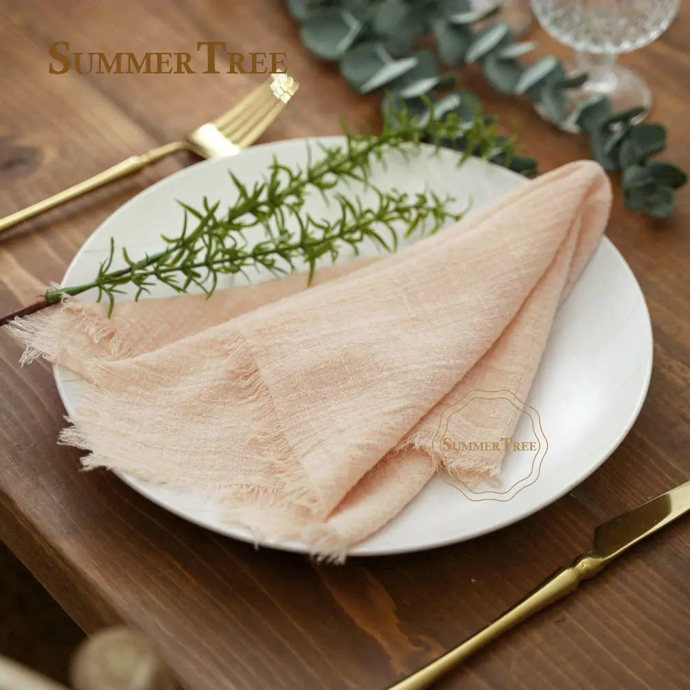 serviette coton beige rose blanc tissage fin bordures frangées rustique naturel
