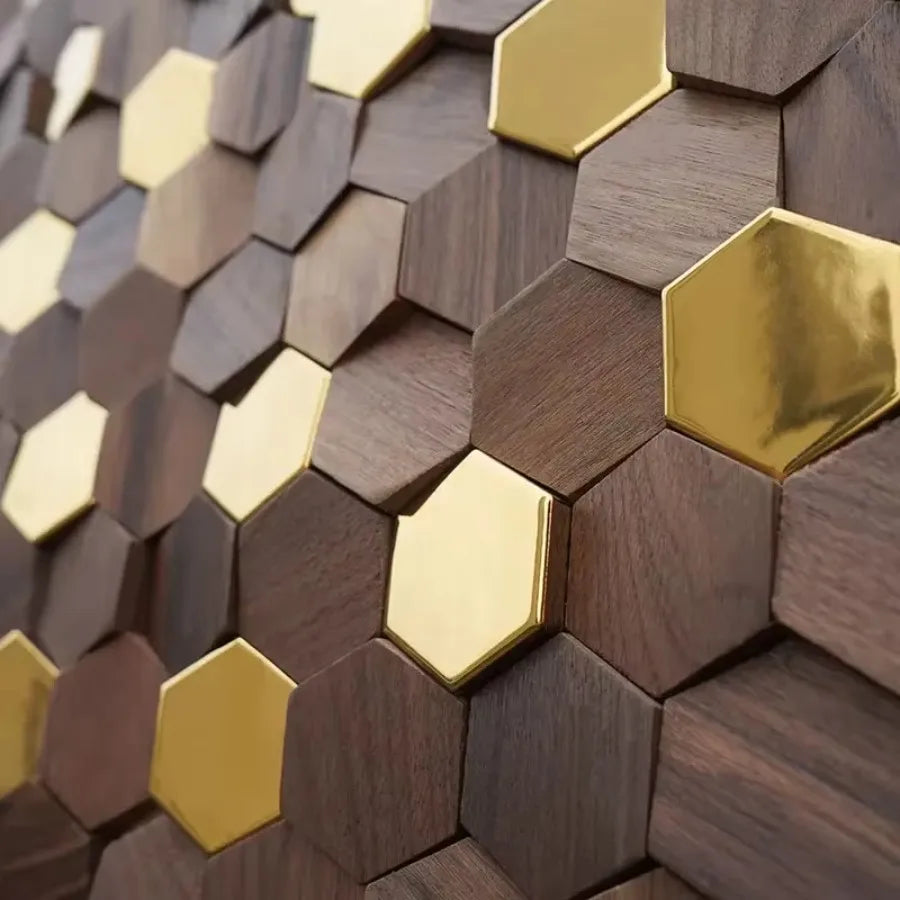 Mosaïque hexagonale moderne bois métal stickers mur marron doré autocollants 3d intérieur décoration