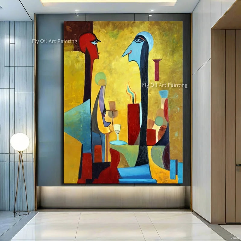 peinture l'huile abstraite contemporaine cubiste géométrique vibrante rouge bleu verte maisonDecorationMurrale