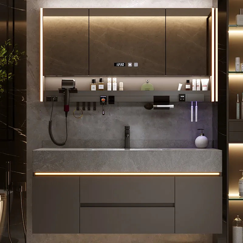 Meuble de salle de bain double vasque en marbre blanc avec miroir intégré