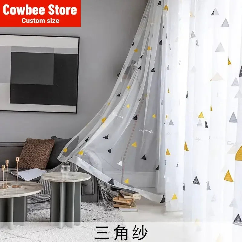 rideau géométrique moderne semi transparent polyester blanc gris jaune fenêtre intérieure