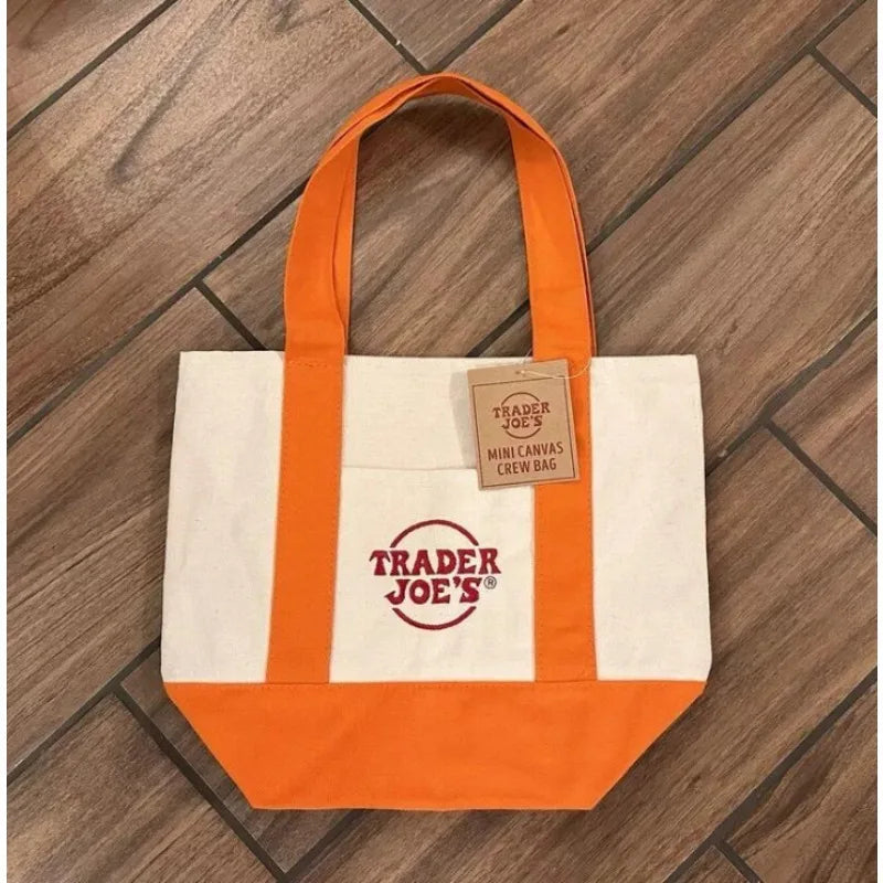 sac main réutilisable toile orange violet noir vert moderne poignées détachables étiquette logo sac