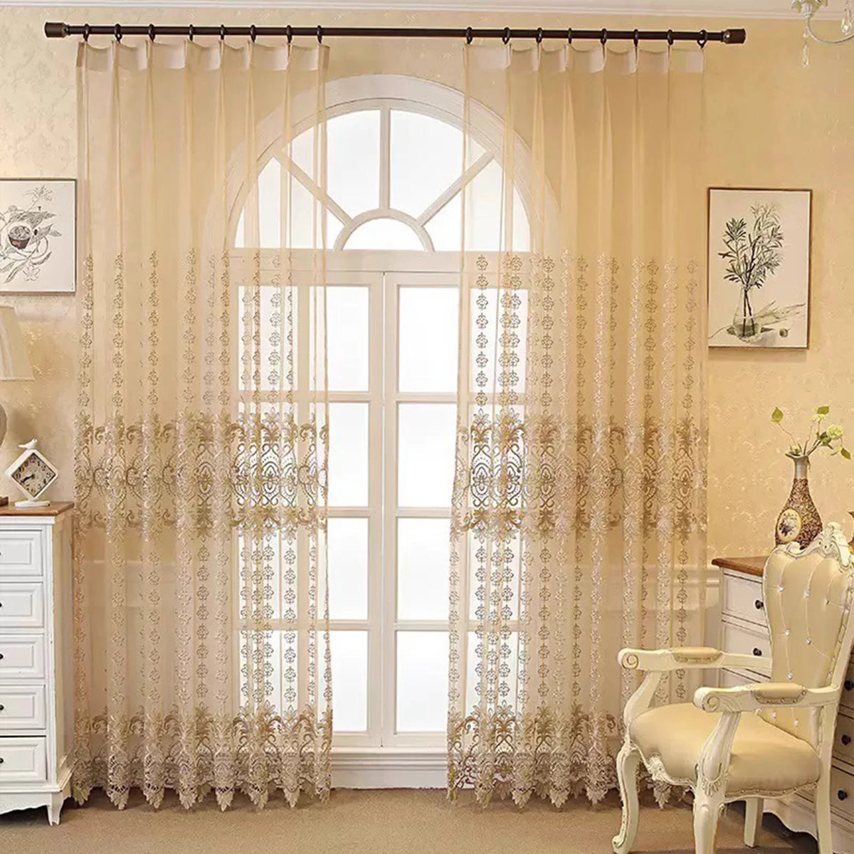 rideau brodé floral beige clair semi transparent classique polyesterextérieur chambre salon