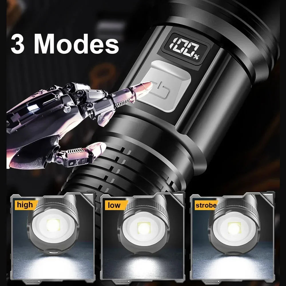 lampe torche rechargeable led noire intense camping 500m étanche usb variateur modulations modernisée