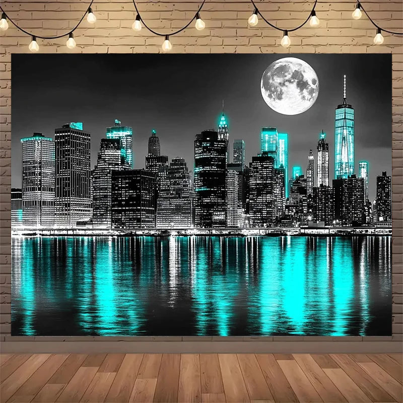 toile d'art paysage urbain moderne nuit gratte ciels mariage anniversaire décoration fête large turquois