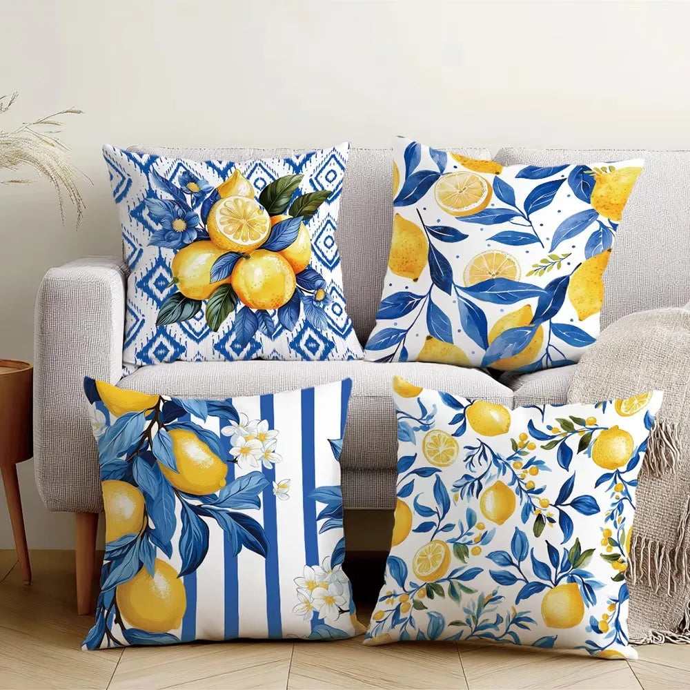 taies d'oreiller coton bleu citron modernes motif feuilles respectueux environnement pièces