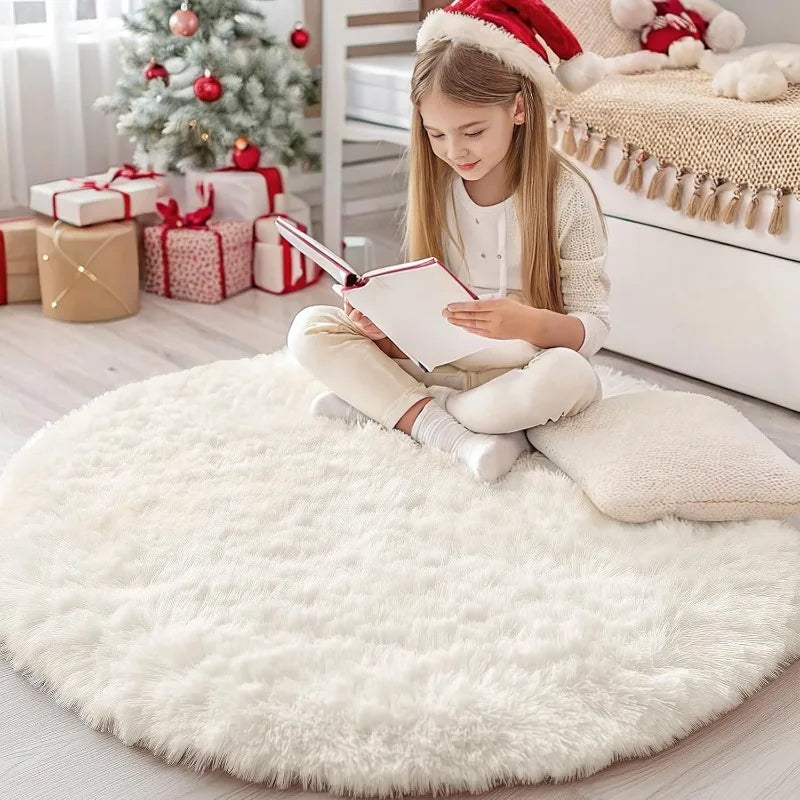 tapis rond doux blanc bleu clair moderne chambre salon peluche uni antidérapant