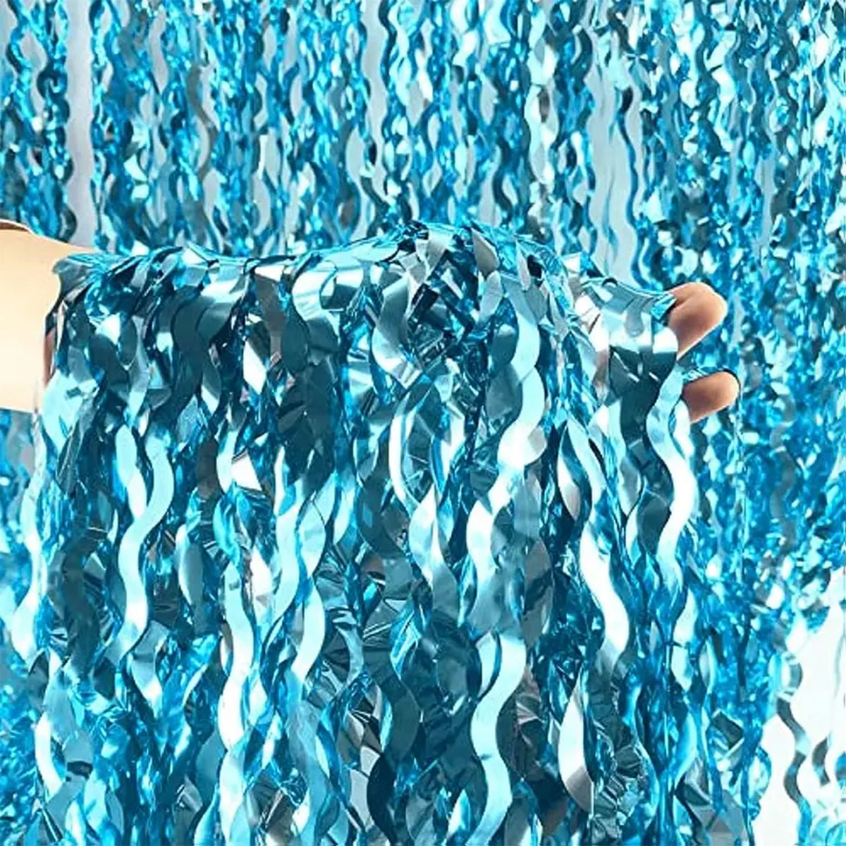 rideau décoratif bleu rayures ondulées moderne festif adhésif double face transparent anniversaire fête bleu