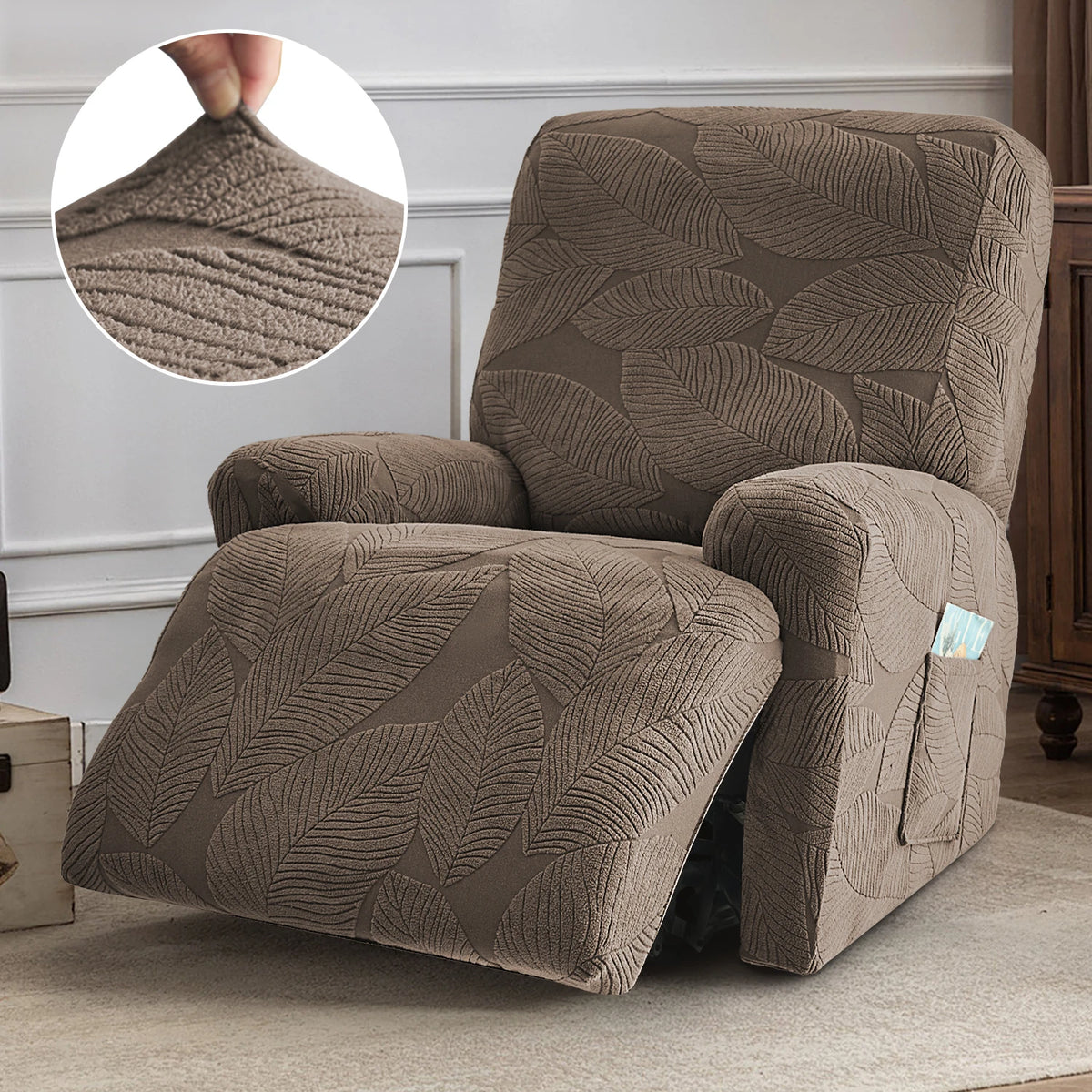 housse canapé rétractable gris feuilles moderne poche adhésive places 68cm 99cm