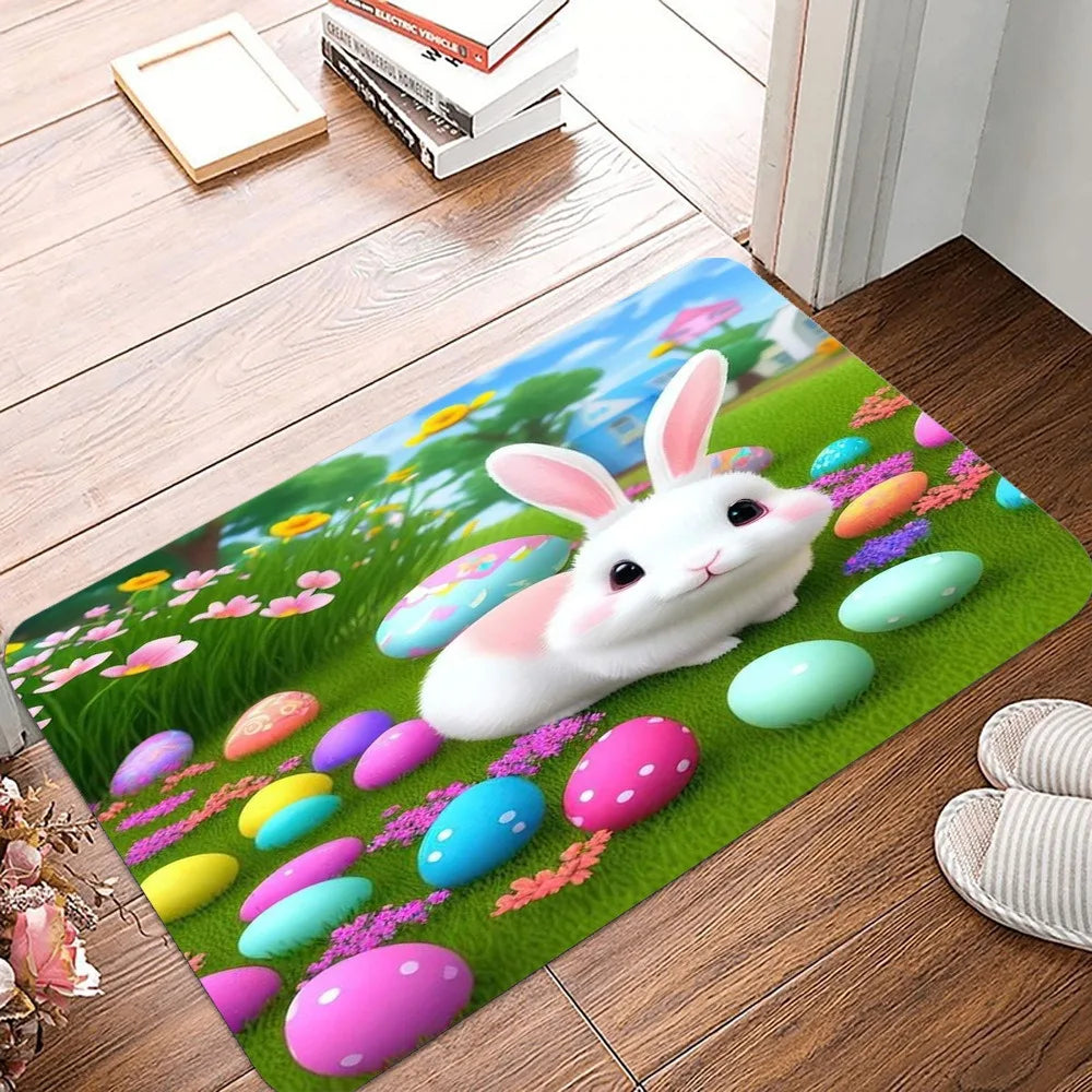tapis d'entrée moderne marron clair rose vert bleu jaune blanc oreilles lapin fleurs welcome