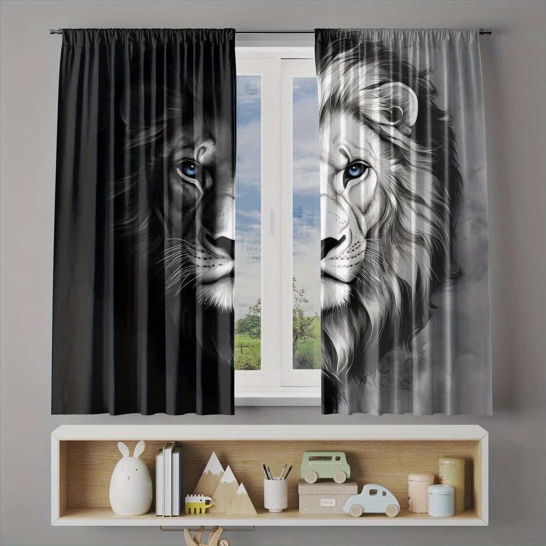 rideau lion noir gris motif géométrique moderne anneaux métalliques polyester chambre salon