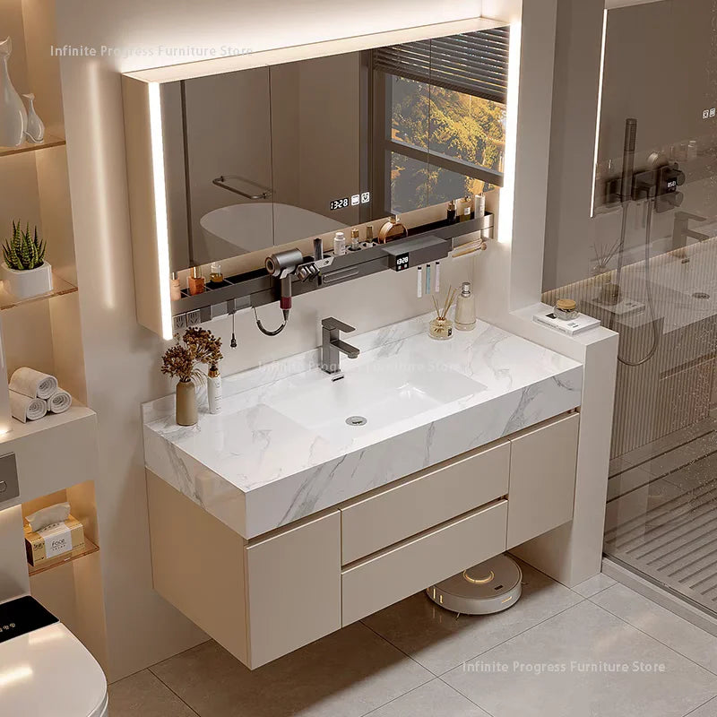 meuble salle bain blanc marbre moderne étagères miroir lumineux accessoires fixations murales