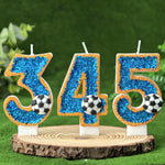 bougies numéraires pailletées thème football anniversaire bleu doré blanc