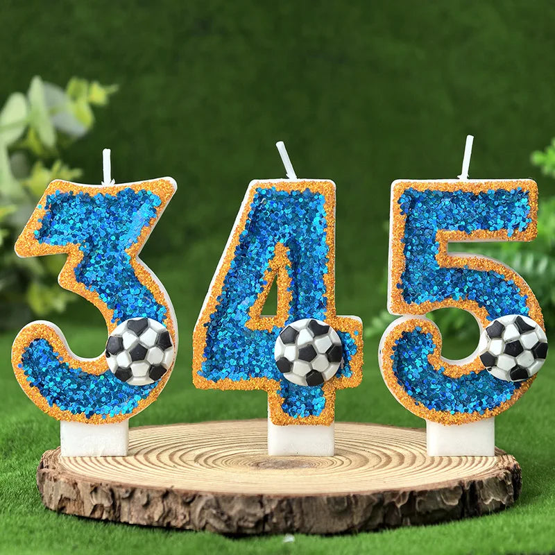 bougies numéraires pailletées thème football anniversaire bleu doré blanc