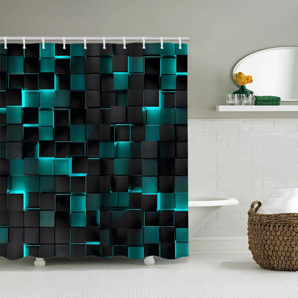rideau douche géométrique moderne noir rouge tapis bain couvercle toilette 12 crochets
