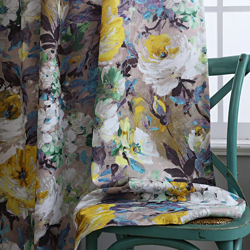 rideau floral deux panneaux pastoral imprimé polyester gris jaune bleu violet vert