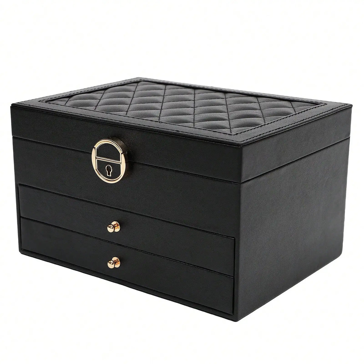 boîte bijoux cuir noir velours intérieur rangements classique poignées dorées bijoux organisation sécurité multifonctionnelle