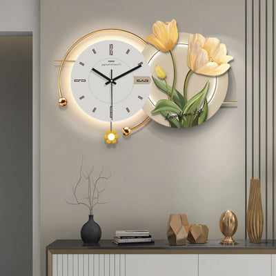 Horloge murale moderne acrylique avec motif floral en noir