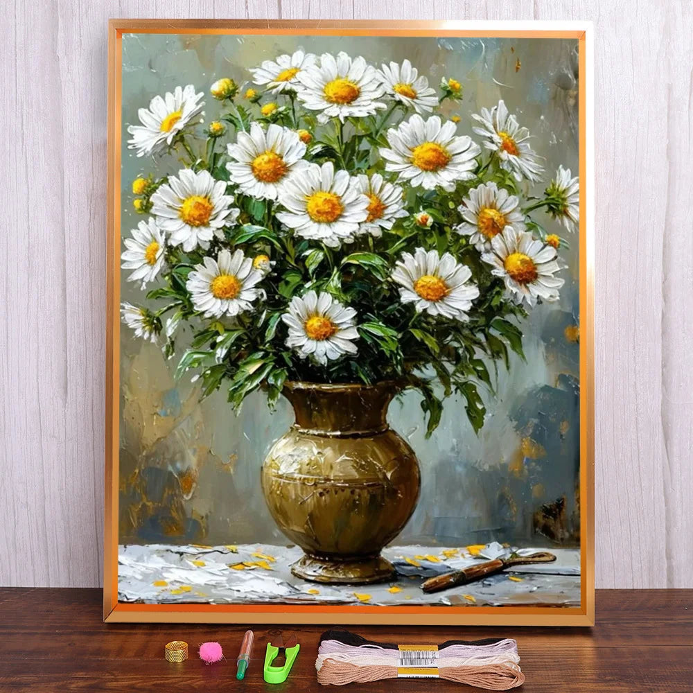 tableau broderie point croix motifs fleurs abstrait religieux fils coton canvas moderne DIY art