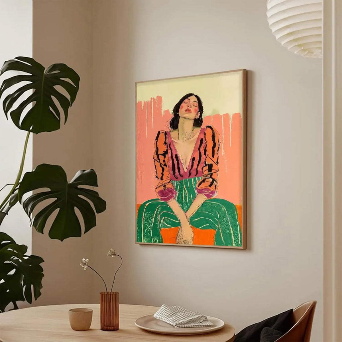 tableau abstrait moderne toile minimaliste orange vert rose beige lignes horizontales sans cadre
