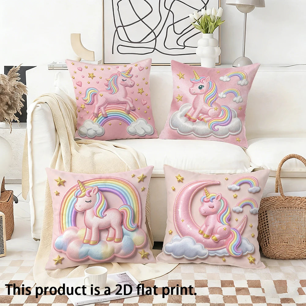 taies d'oreiller licorne rose arc ciel nuages étoiles dorées imprimé 2d polyester 40x40cm 45x45cm