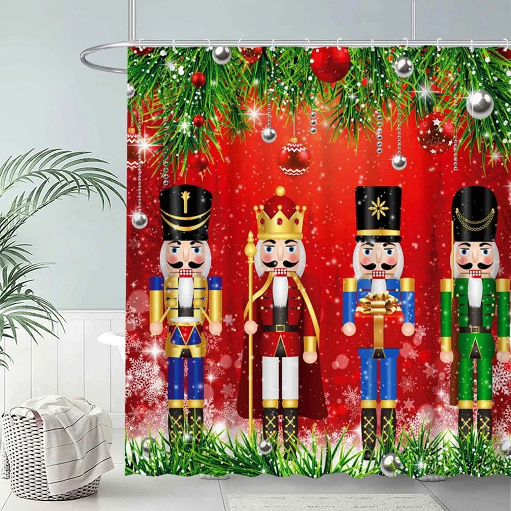 Rideaux rouge et vert décoratifs pour les fêtes de Noël, ornés de motifs du Casse-Noisette, personnage fictif populaire des contes de Noël, et de chapeaux de costume. Ces rideaux sont parfaits pour embellir votre demeure lors du réveillon de Noël et du jour de Noël, ajoutant une touche festive et chaleureuse à votre décoration intérieure de fête.