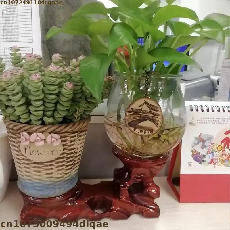 support plantes vasques bois sculpté artisanal vase verre céramique différentes couleurs