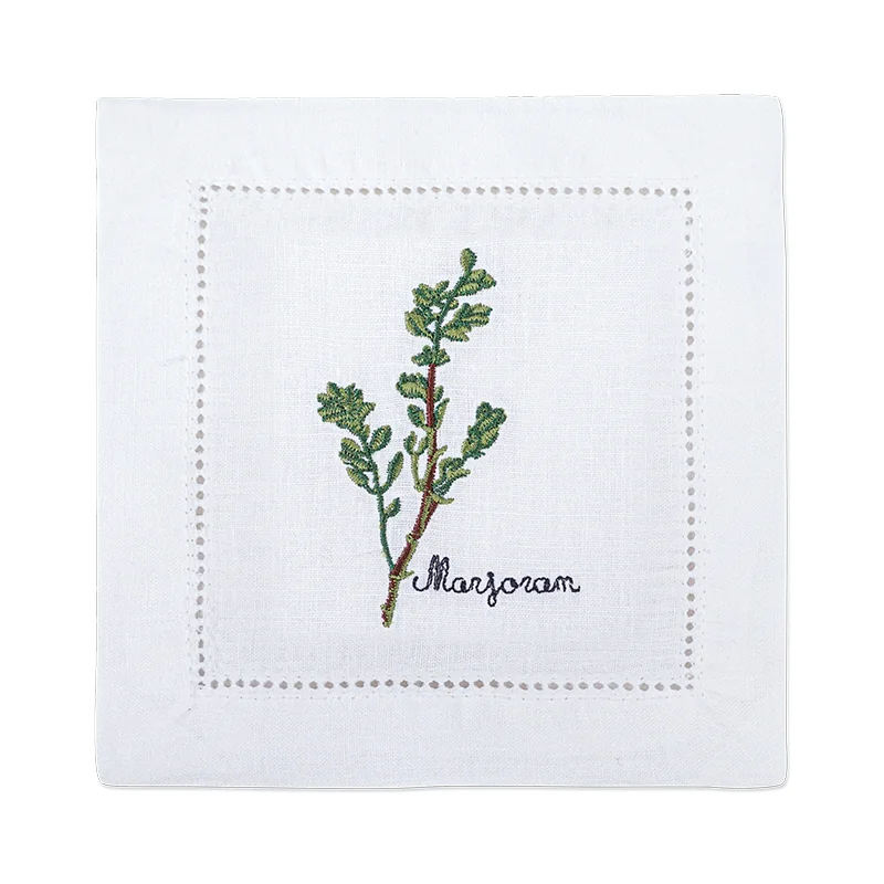 serviette cuisine lin blanc brodée motifs plantes aromatiques naturelle table élégante