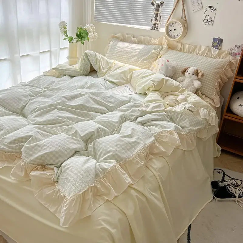 ensemble literie rose doux carreaux beige volants taies oreiller couvre lit romantique ultra frais