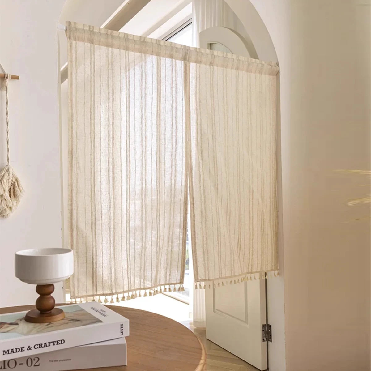 rideau bohème beige rayé translucide champêtre tringle rideau inclus(franges décoratives)