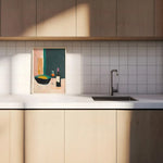 tableau abstrait contemporain couleur noir vert orange rose beige blanc fixé cadre bois chambre
